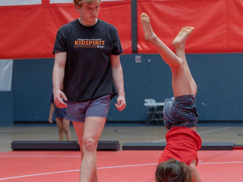 Gymnast performs a handstand